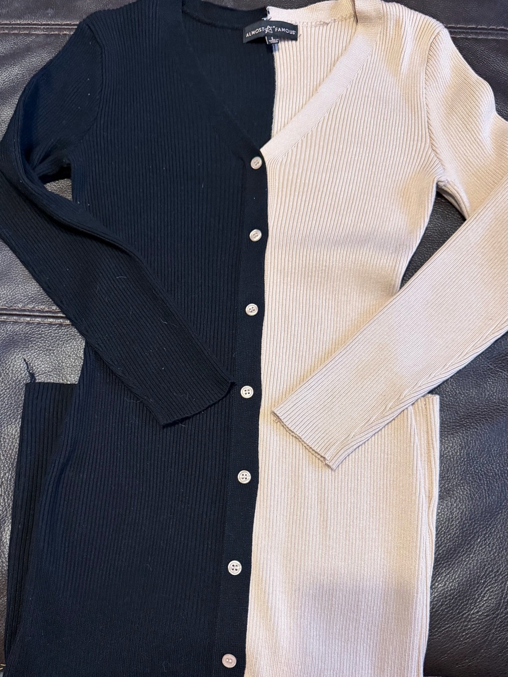Almost Famous Black & Beige Ribbed Button-Front Cardigan